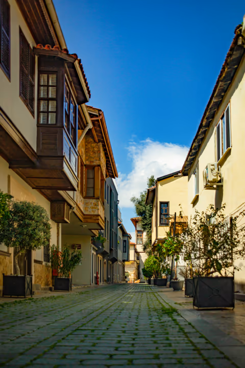 cobblestone street lined with traditional houses