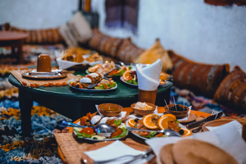 breakfast spread on a low table