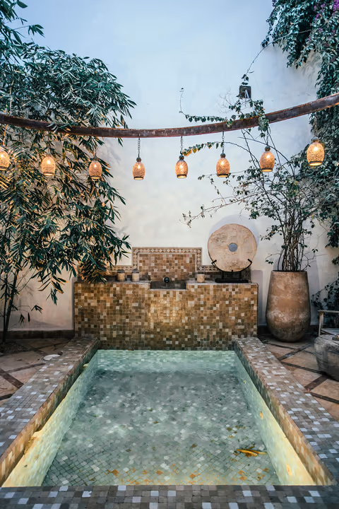 tiled plunge pool under the bamboo