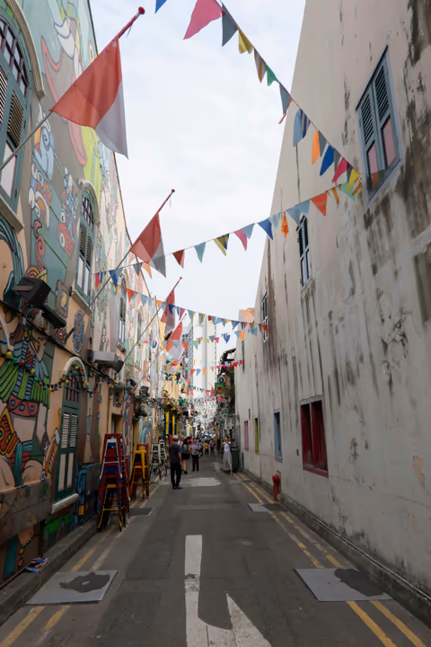 a street with flags hanging